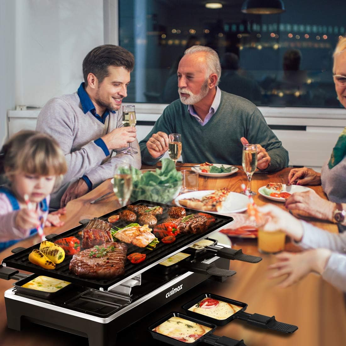 Raclette Table Grill, CUSIMAX Electric Indoor Grill, Portable Korean BBQ Grill with 2 in 1 Reversible Non-stick Plate& Natural Grill Stone, 1500W Electric Party Grill, 8 Raclette Pans& Wooden Spatulas