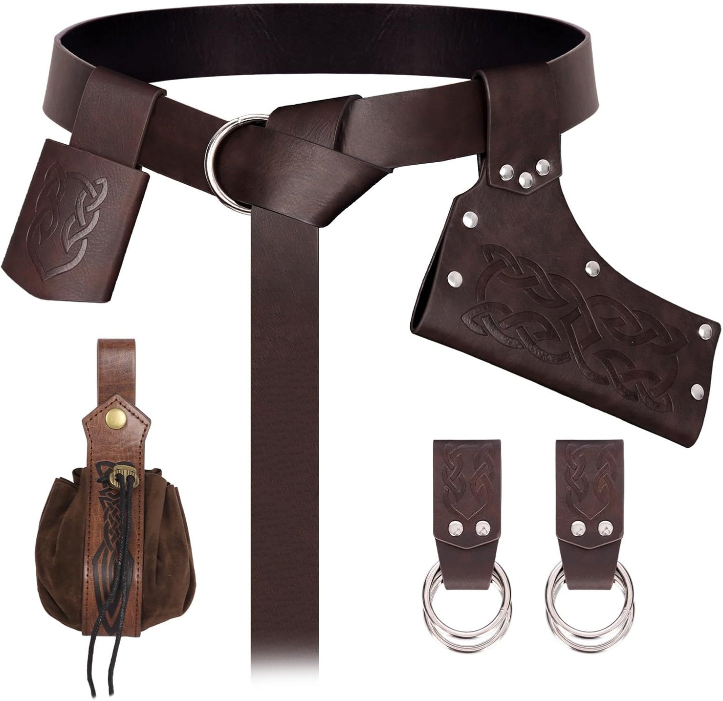 6 PCs Medieval Renaissance Sword Belt Set - Pirate Costume Accessories with Skirt Hike Viking Horn Sword Frog Dagger Holster