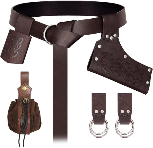 6 PCs Medieval Renaissance Sword Belt Set - Pirate Costume Accessories with Skirt Hike Viking Horn Sword Frog Dagger Holster