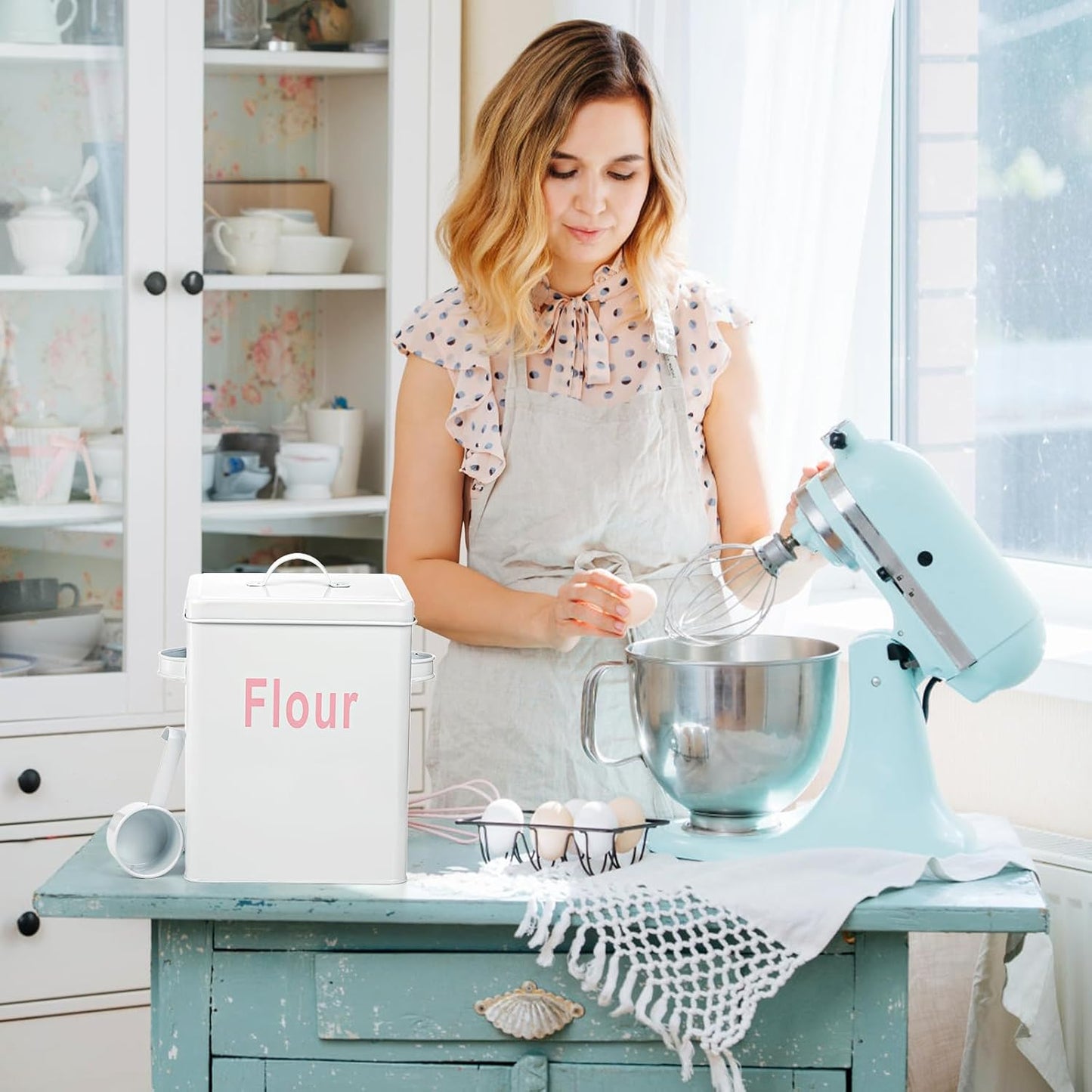 YOUEON 10 Lbs Metal Rice Storage Container, Square Rice Canister with Lid and Measuring Scoop, Countertop Sealed Food Storage Container for Cereal, Beans, Pet Food, White