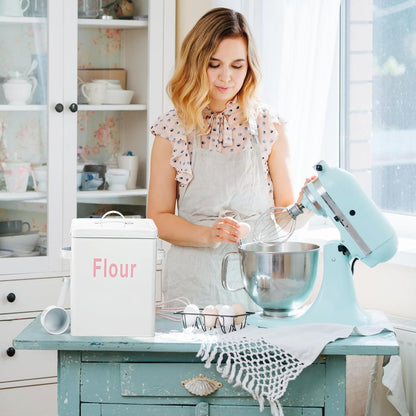 YOUEON 10 Lbs Metal Rice Storage Container, Square Rice Canister with Lid and Measuring Scoop, Countertop Sealed Food Storage Container for Cereal, Beans, Pet Food, White