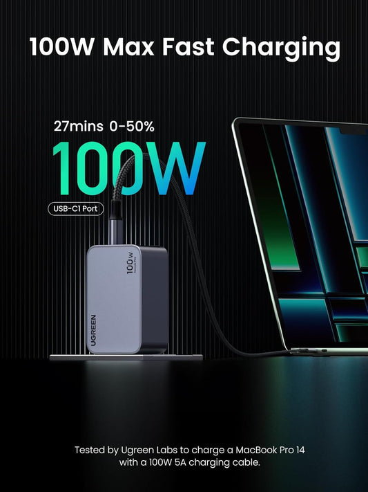 UGREEN Nexode Pro 100W USB C Charger, 3-Port GaN Charger Block PPS Fast Charger for MacBook Pro/Air, Pixelbook, Dell XPS, iPad Pro, iPhone 15 Pro 14, Galaxy S24 Note20, Pixel, Steam Deck and More - PuriLite