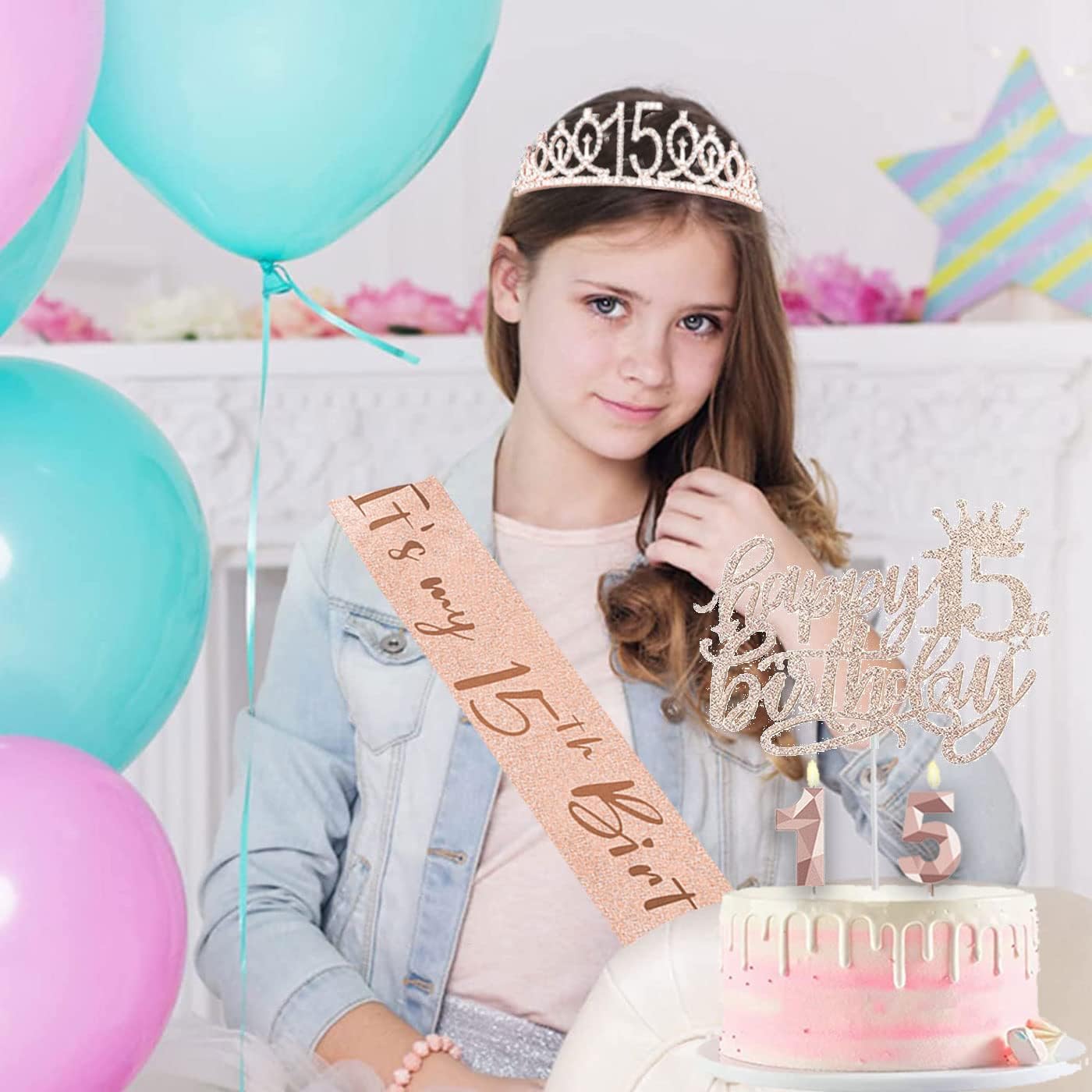 8pcs 40th Birthday Decorations gifts for Women, Including 40th Happy Birthday Cake Topper, Queen Sash with Pearl Pin, Sweet Rhinestone Tiara Crown for Women, Number Candles and Balloons (Rose Gold)