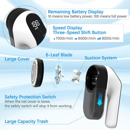 BAICIWE Electric Lint Remover – Rechargeable Fabric Shaver for Clothes & Furniture, 3-Speed Sweater Defuzzer, LED Display, 2 Replaceable 6-Leaf Blades, Wall-Mounted Storage, Matte Black - PuriLite