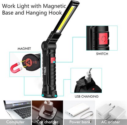 Rechargeable Work Lights, LED Work Light with Magnetic Base and Hanging Hook,360°Rotate 5 Modes Magnetic Rechargeable Flashlights for Mechanics Car Repair, Home, Garage, Emergency,BBQ,Camping(4 Pack)