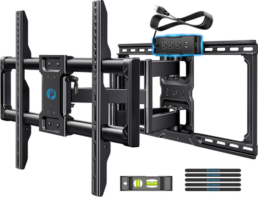 Pipishell Full Motion TV Wall Mount with Power Strip for 42–90 Inch TVs up to 150 lbs, Pre-Assembled TV Mount Has Smooth Swivel, Tilt, Extension, Max VESA 600x400mm, 12“/16”/24” Wood Studs, PILF19