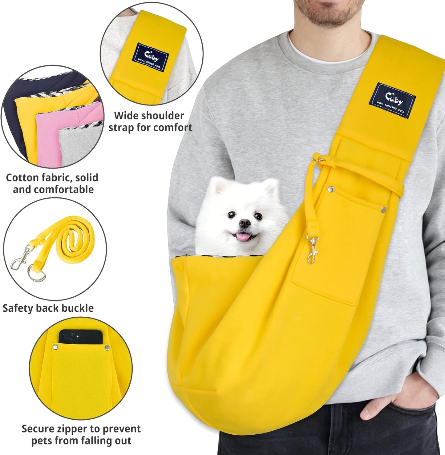 Cuby Adjustable Dog Cat Sling Padded Hard Bottom Pet Carrier Sling Soft Carrying Puppy Bag for Small Dogs Cats Outdoor Travel (Grayish-White)
