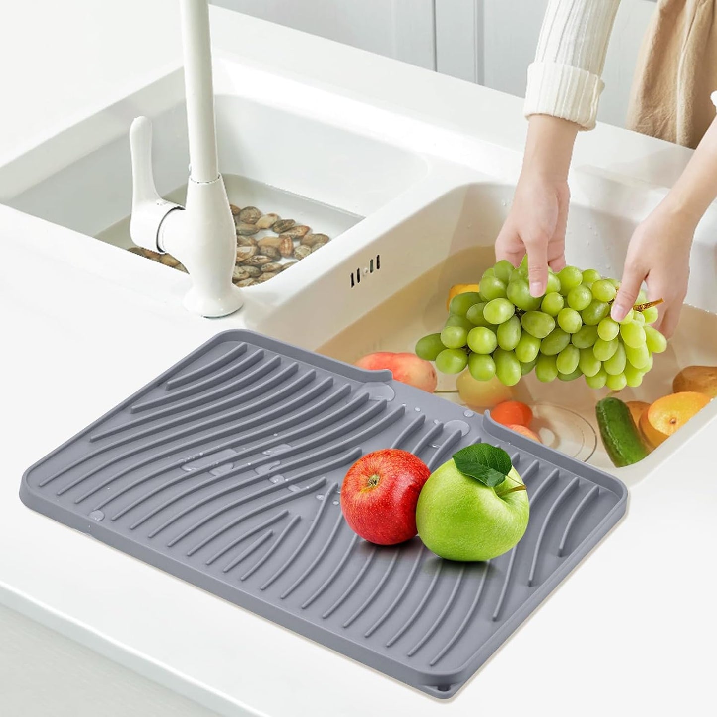 TIKNIK Silicone Dish Drying Mat for Kitchen Counter, Dish Drying Pad, Non-Slip Drain Pad with Built-in Drain, Heat Resistant Stone Drying Mat(40 L x 33 W cm, Grey)