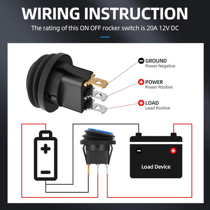 DaierTek Waterproof Round Rocker Switch with Shell UL Listed 12V Blue LED Rocker Toggle Switch Lighted ON Off SPST 3 Pin Rocker Switch 12 Volt for Marine Automotive RV Truck -2PCS