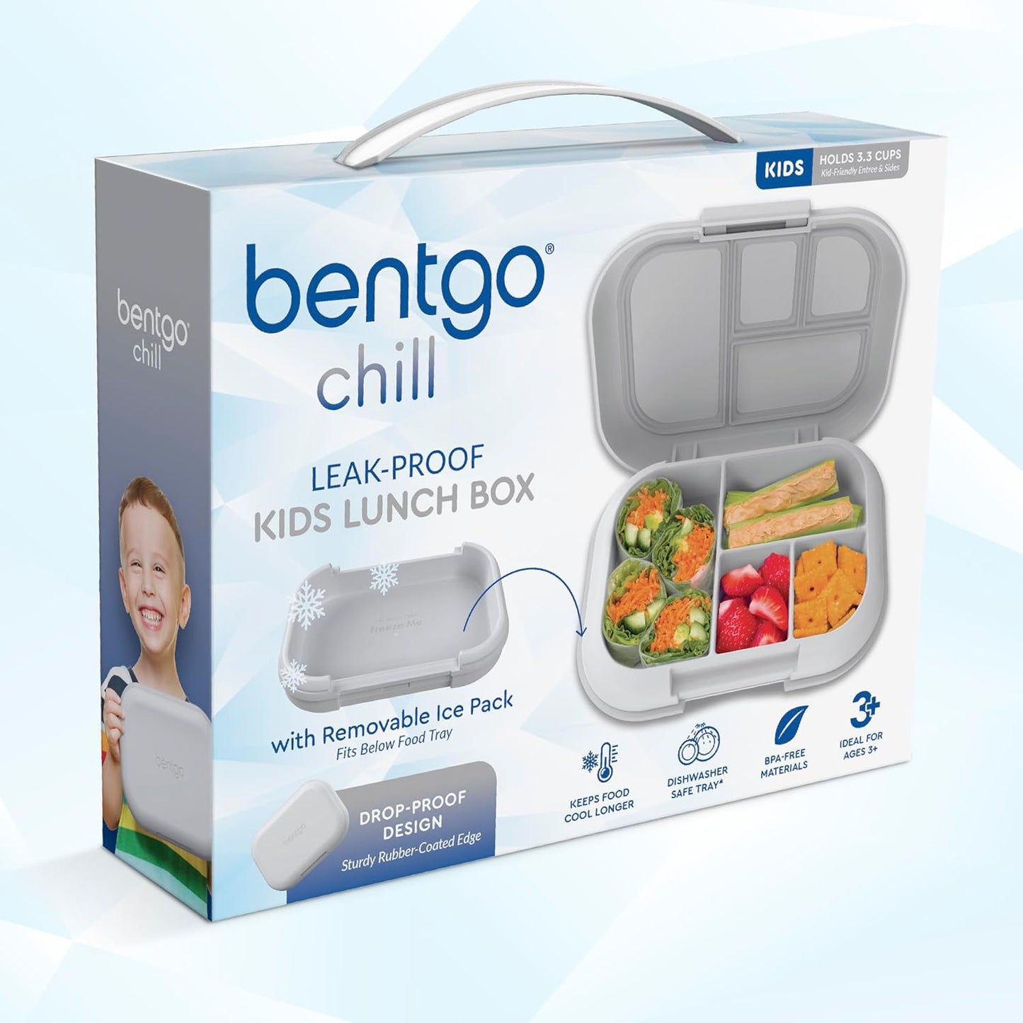 Bentgo Chill Kids Leak-Proof Lunch Box - 4-Compartment Bento Box with Built-In Ice Pack, 3.3 Cup Capacity, PFAS & BPA-Free, Microwave & Dishwasher Safe, Ideal Size for Ages 3 to 7 (Aqua)
