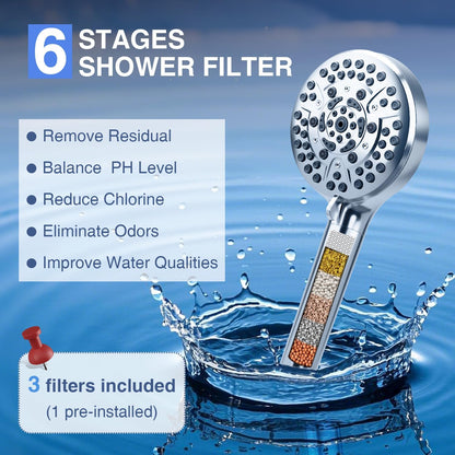 High Pressure 10-Mode Handheld Shower Head - Built in Power Wash for Clean, Replaceable Filter Soften Hard Water Remove Chlorine, 60 Inches Hose, Overhead Bracket, Anti-Clog Nozzle (Chrome)