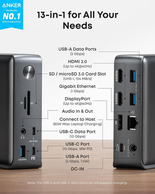 Anker Docking Station, PowerExpand 13-in-1 USB-C Dock, 85W Charging for Laptop, 18W Charging for Phone, 4K HDMI, 1Gbps Ethernet, Audio, USB-A Gen 1, USB-C Gen 2, SD 3.0 (Doesn’t Support MST for macOS) - PuriLite