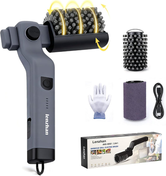 Cordless Electric Grill Brush with Adjustable Angle, 3-Speed Power Motor & Stainless Steel Head - Rechargeable, 90-Min Runtime, Waterproof Grill Cleaner for BBQ Grates & Griddles (Gray)