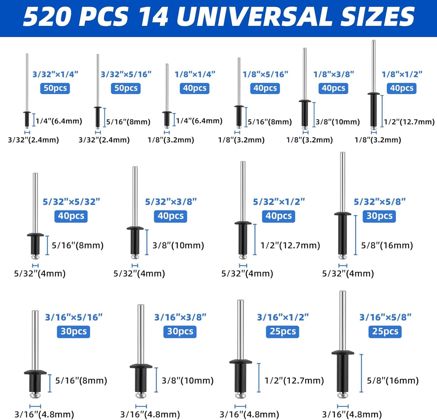 Besitu 210Pcs Pop Rivets Assortment Kit, 1/8" 3/16" 1/4" Large Flange Solid Rivets Set Aluminum Grip Stainless Steel Mandrel Blind Rivets for Metal Heavy Duty