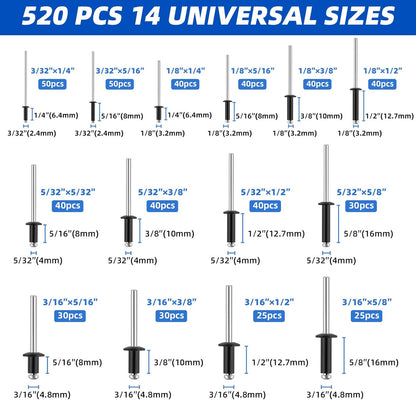 Besitu 210Pcs Pop Rivets Assortment Kit, 1/8" 3/16" 1/4" Large Flange Solid Rivets Set Aluminum Grip Stainless Steel Mandrel Blind Rivets for Metal Heavy Duty