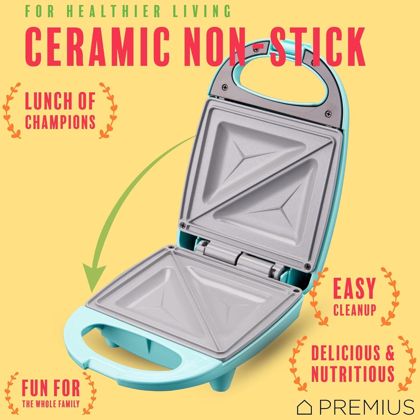PREMIUS Ceramic NonStick Mini Snack Sandwich Maker, Indicator Light, 5x4.4 Inch Mold, Great for French Toast, Tuna Melt, Egg & Grilled Cheese, Pancake Sandwich, Desserts, Toasties, 520 W (Red)