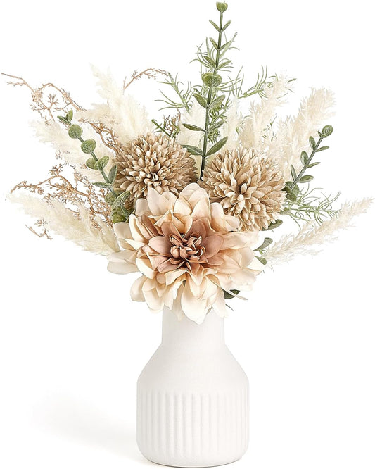Mkono Small Artificial Flowers in Ceramic Vase 13.5 Inch Coffee Table Decor Silk Floral Arrangements for Home Decor Fake Flowers Bouquet for Bathroom Dining Room