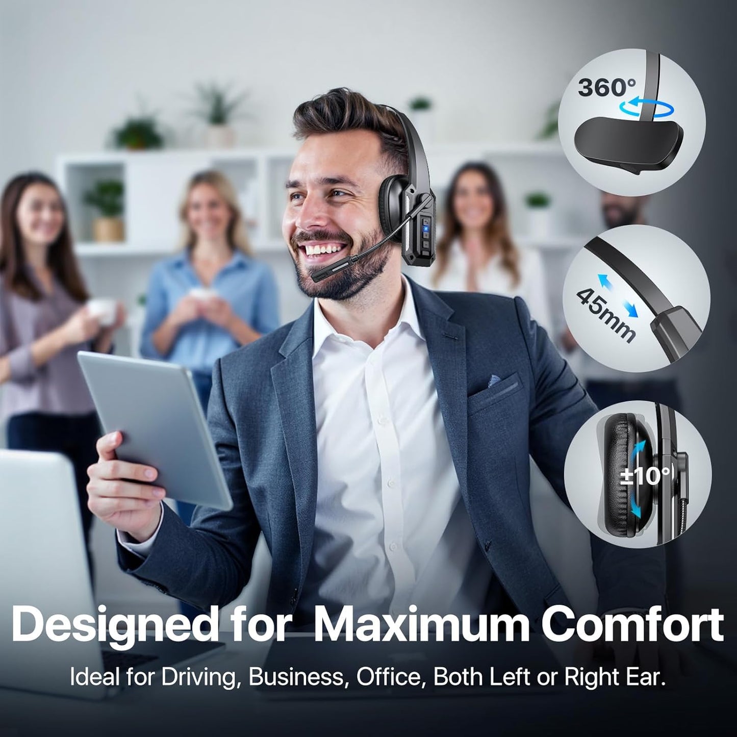 Bluetooth Headset, Trucker Bluetooth Headset with Noise Cancelling Microphone & Mute Button, 60Hrs Working Time, Wireless On Ear Headphones with Mic for Work/Cellphone/Laptop/Office - Black