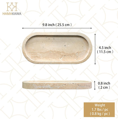 HAMAKAWA Bathroom Vanity Tray, Natural Marble Oval Sink Tray 10 Inch, Beige Travertine Vanity Tray for Soap Dispenser Modern Countertop Organizer for Kitchen Countertops, Home Decor