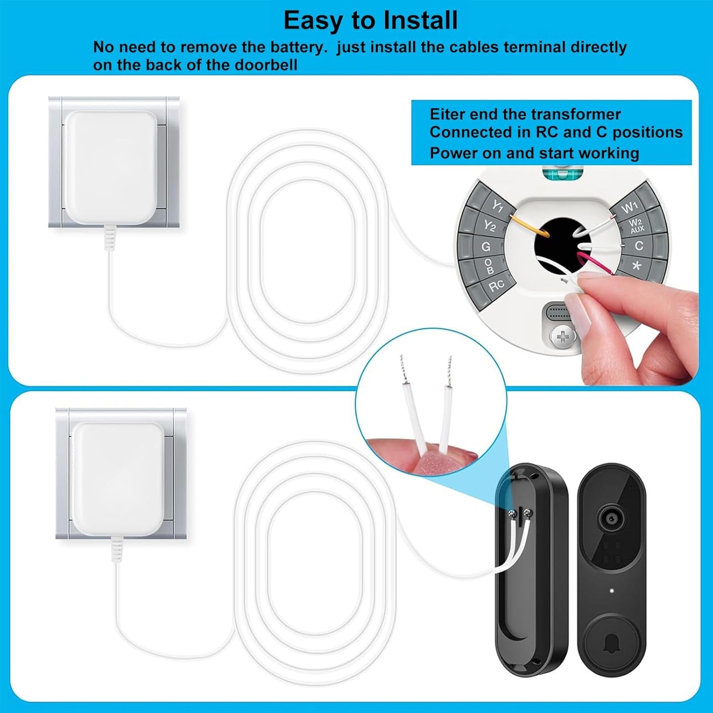 C Wire Adapter for Amazon Smart Thermostat, Fit for Honeywell Nest, Ring/Wyze Video Doorbell, 24V Transformer Power Supply Cord 26 FT, with Nail Clips