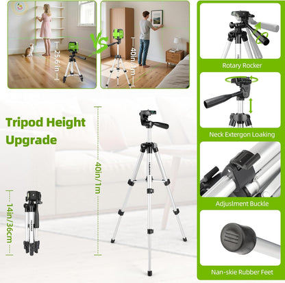 Huepar Green Cross Line Laser Level with 40in Tripod, Self-Leveling Within 4 Indoor Laser Leveler Tool, 100Ft Max Working Range in Low Light, for Picture Hanging, Tile Installation, Home Renovation