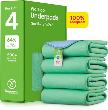 IMPROVIA® Washable Underpads, 34" x 36" (Pack of 4) - Heavy Absorbency Reusable Bedwetting Incontinence Pads for Kids, Adults, Elderly, and Pets - Waterproof Protective Pad for Bed, Couch, Sofa, Floor
