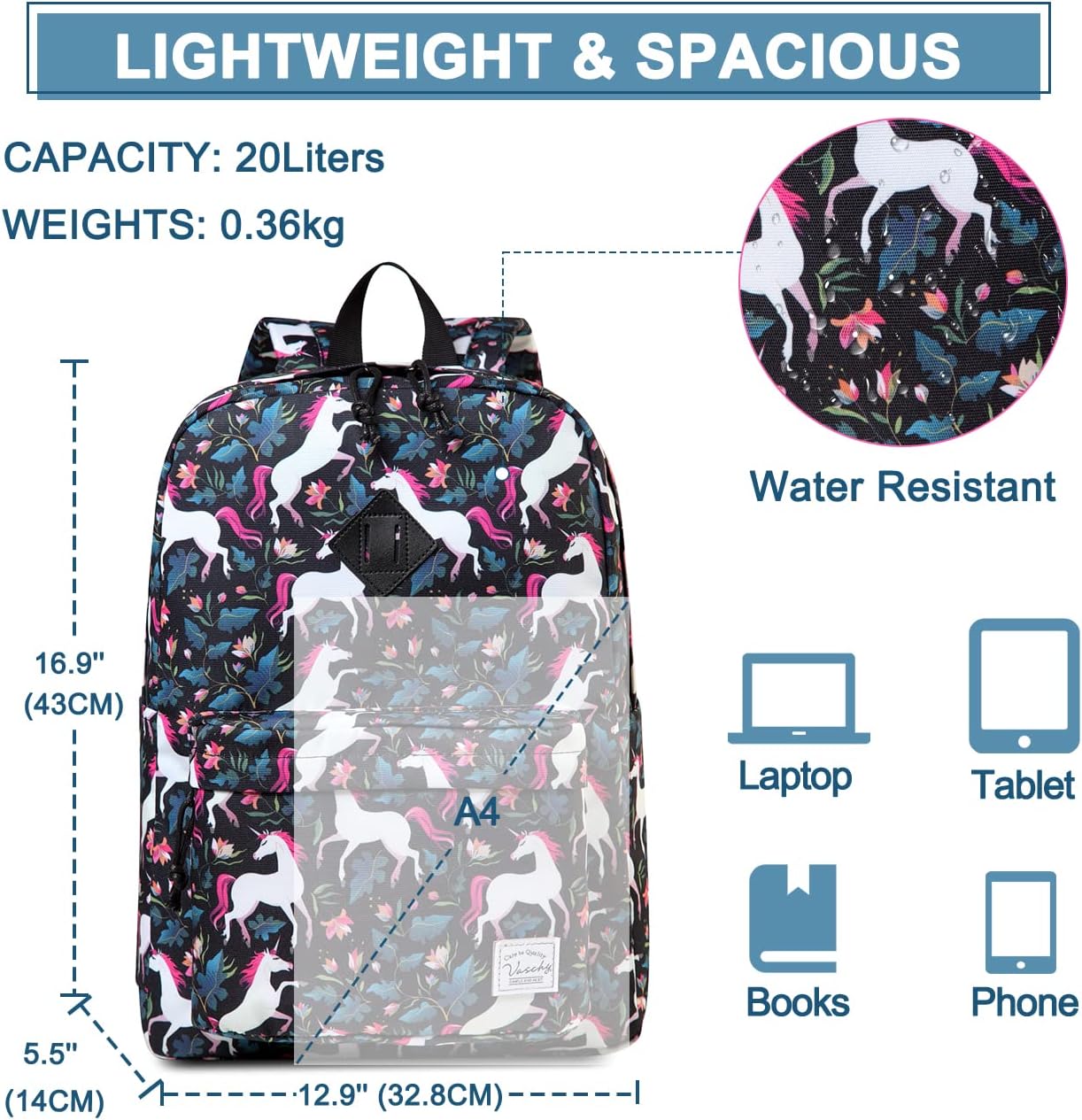 School Backpack for Kids, VASCHY Lightweight Water Resistant Casual Schoolbag Daypack for Men Women Teen Boys Girl Bookbag