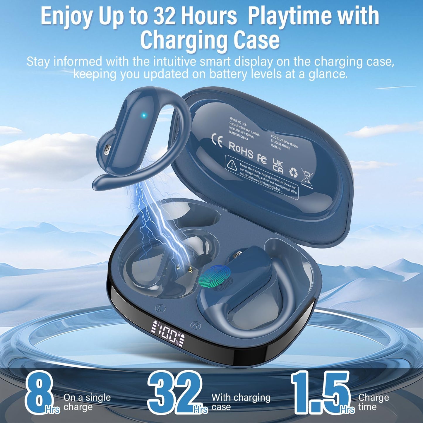 Open Ear Headphones, Bluetooth 5.4 Wireless Earbuds with HD Clear Calls, 32Hrs Immersive Stereo Air Conduction Earphones with Earhooks, LED Display, IPX7 Lightweight Open Ear Buds for Sports Blue