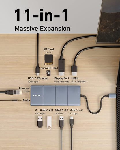 Anker 565 11-in-1 USB C Hub, 10 Gbps USB-C and USB-A Data Ports, 4K HDMI and DisplayPort, 100W Power Delivery, 2 USB 2.0 Data Ports, Ethernet, AUX, microSD and SD Card Slots, for XPS and More