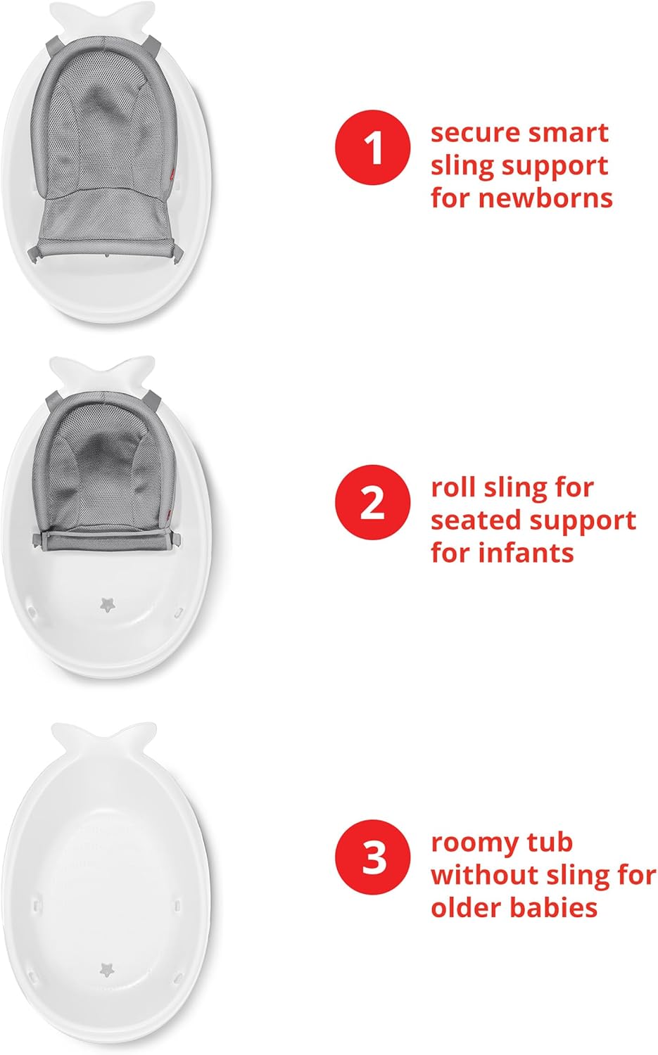 Skip Hop Baby Bath Tub, 3-Stage Smart Sling Tub, Moby, White - PuriLite