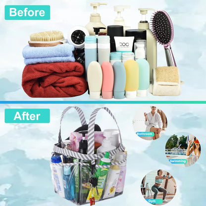 Mesh Shower Caddy Tote, Large College Dorm Bathroom Caddy Organizer with Key Hook and 2 Oxford Handles, Quick Hold, 8 Basket Pockets for Camp Gym