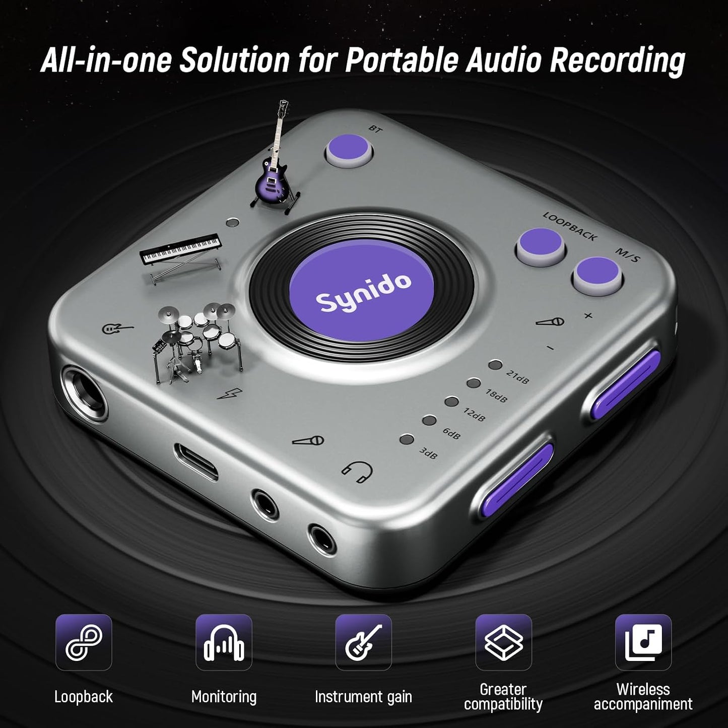 Synido Audio Interface for Music Recording with Instrument Amplification Control, 24bit/96kHz, Portable HiFi Audio Interface, Comes with USB-C, Lightweight Audio Adapter for