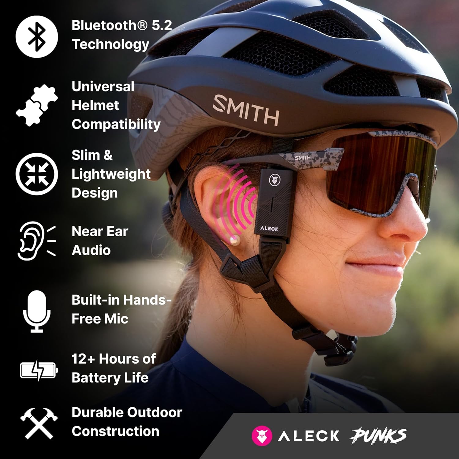 ALECK Punks Wireless Bluetooth Helmet Speakers – Open-Ear Bike Audio System with Hands-Free Calls, Global Group Communication, Wind Noise Reduction - PuriLite
