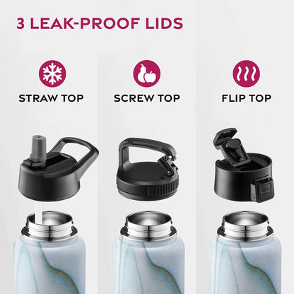 FineDine Water Bottle - Stainless Steel Insulated Water Bottle with Straw Lid, Flip Lid & Wide-Mouth Cap - Keeps Hot and Cold - 25 Oz / 739ml - Pure Pearly White