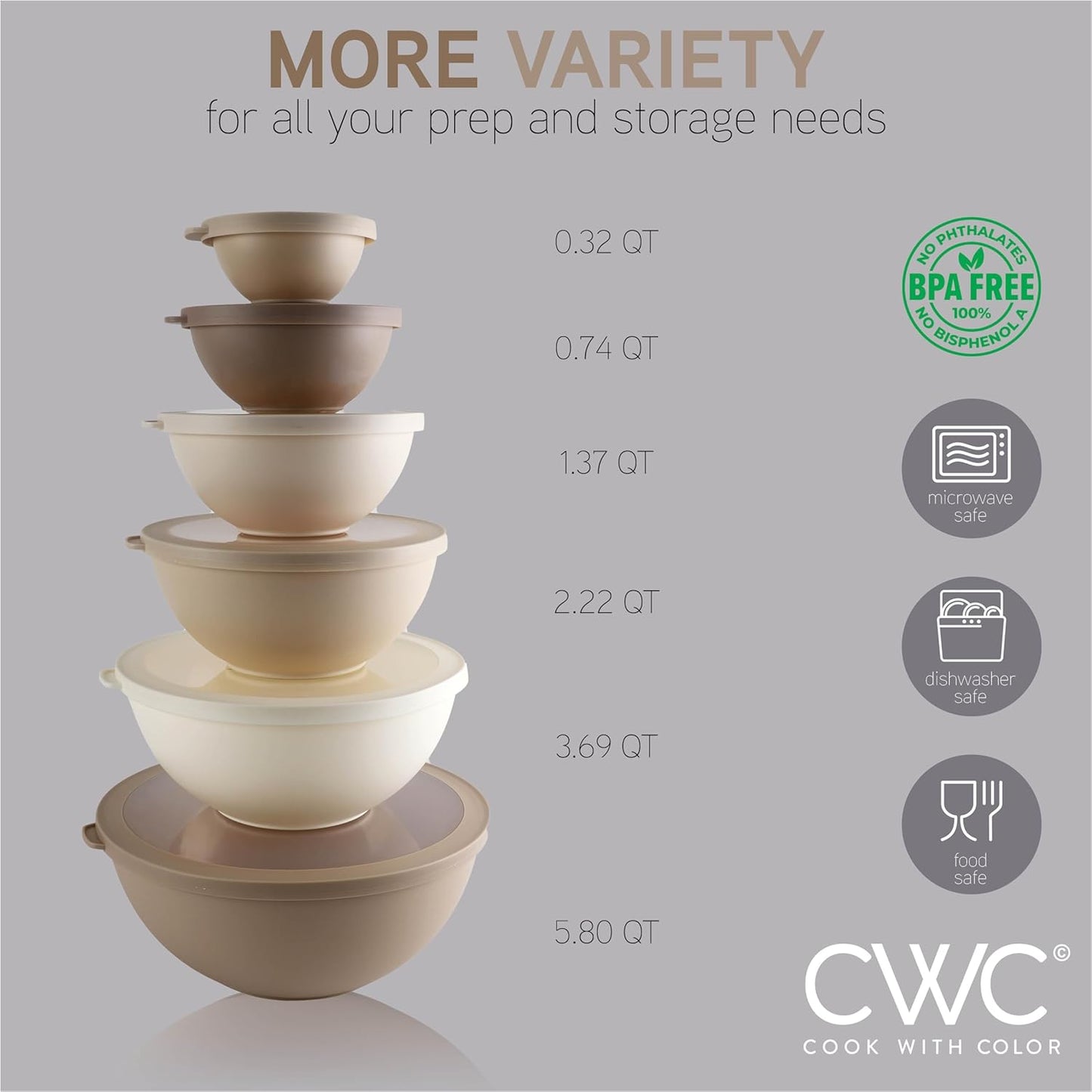 COOK WITH COLOR Mixing Bowls with TPR Lids - 12 Piece Plastic Nesting Bowls Set Includes 6 Prep Bowls and 6 Lids, Microwave Safe Mixing Bowl Set (Green)