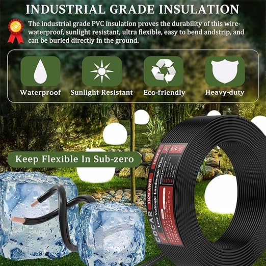 Cocar 12/2 Landscape Lighting Wire 120FT, 12 AWG Low Voltage Outdoor Direct Burial Cable, 2-Conductor Wire for Park, Yard, and Landscape LED Lighting Systems - PuriLite