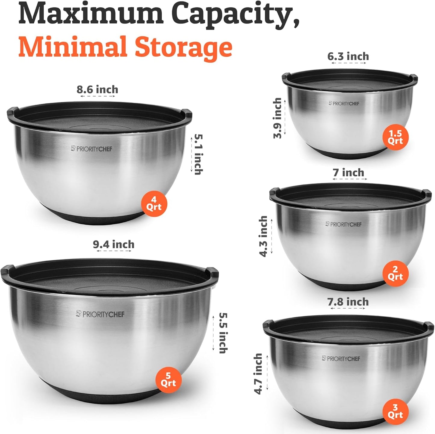 Priority Chef Premium Mixing Bowls with Lids Set, Airtight Lids, Thicker Stainless Steel Mixing Bowl Set, Large Prep Metal Bowls, Nesting Bowls for Kitchen, 1.5/2/3/4/5 Qrt, Black