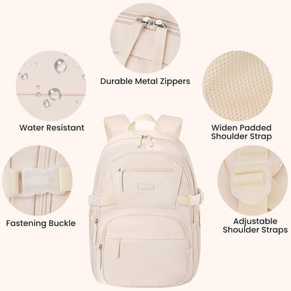 WINDARS Backpack for School Girls, Cute High School Backpacks for Teens Women Student Large Bookbag 15.6 Inch Laptop Bag with USB Charger Port for College Work Travel Trip (Beige Khaki)