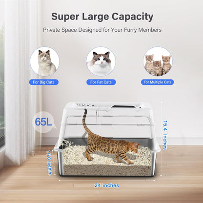 Stainless Steel Litter Box with Lid, XL Extra Large Enclosed Cat Litter Box for Big Cats 110° Flip Cover, Top Entry Metal High Sided Litter Box & Pedal & Scoop, Anti-Leakage (Grey)