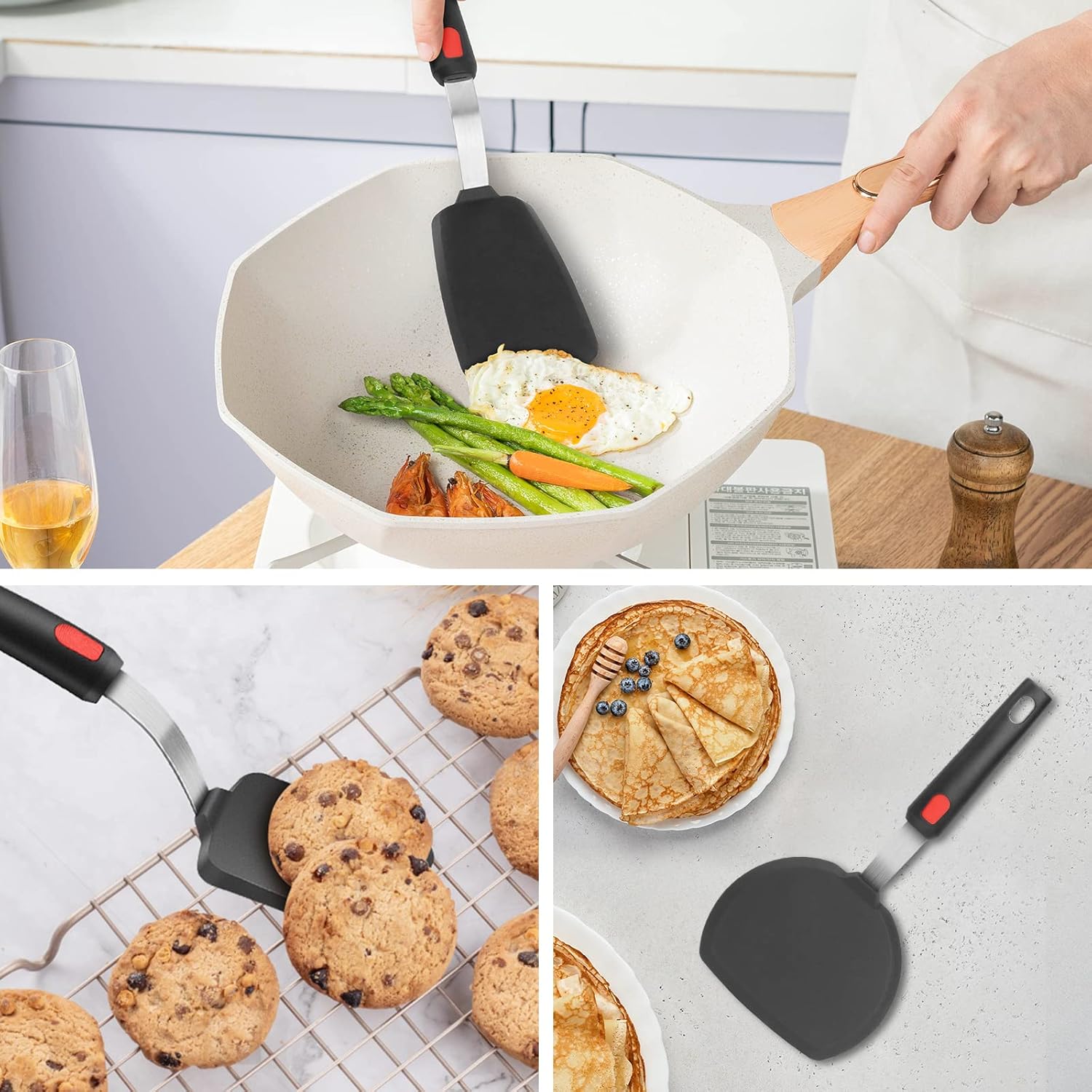 Hotec 3-Pack Silicone Spatula Turner Set – Heat-Resistant 600°F Flexible Cooking Utensils for Nonstick Cookware, Ideal for Flipping Eggs, Burgers, Pancakes, Crepes - PuriLite