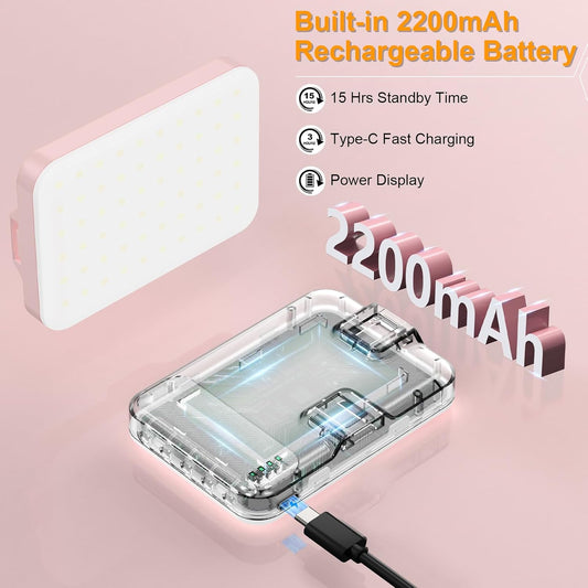 Anautin Selfie Light, 60 LED 2200mAh Rechargeable Clip Fill Video Light (Pink) - PuriLite
