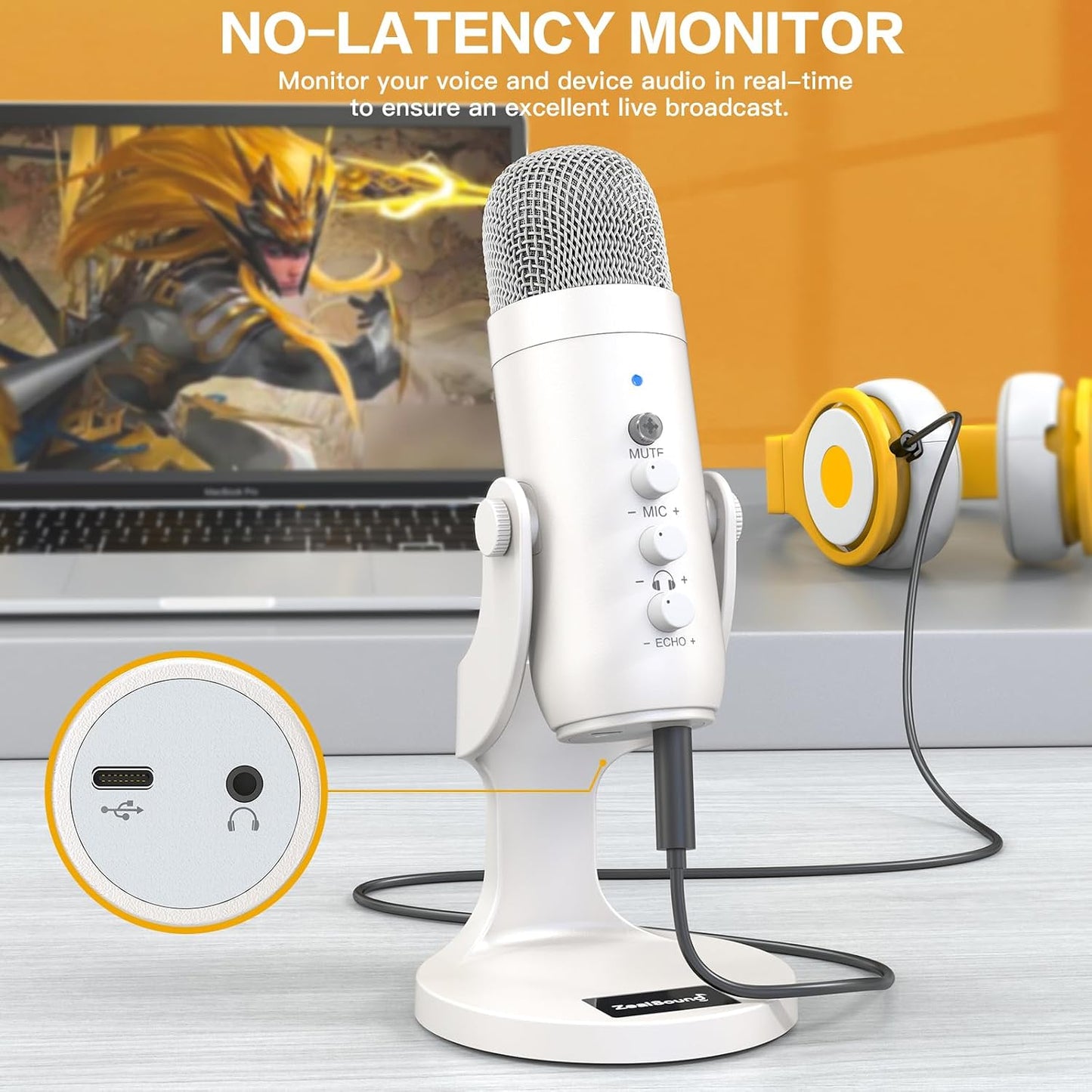 ZealSound Podcast Microphone, Noise Cancellation Mic with Gain, Volume Adjustment & Mute Button, Monitor & Echo, for ASMR, Vocal Recording, YouTube, TikTok, PC, iPhone, iPad, Android, Mac, K66, White