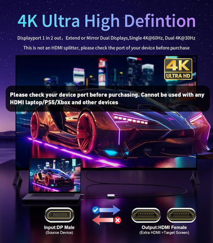 Reborn DisplayPort to Dual HDMI Adapter 4K@60Hz Display Port to 1 in 2 Out Splitter for Dual Monitor Extended Display, DP Source to 2 Adapter with PC, Graphics Card, HP and More