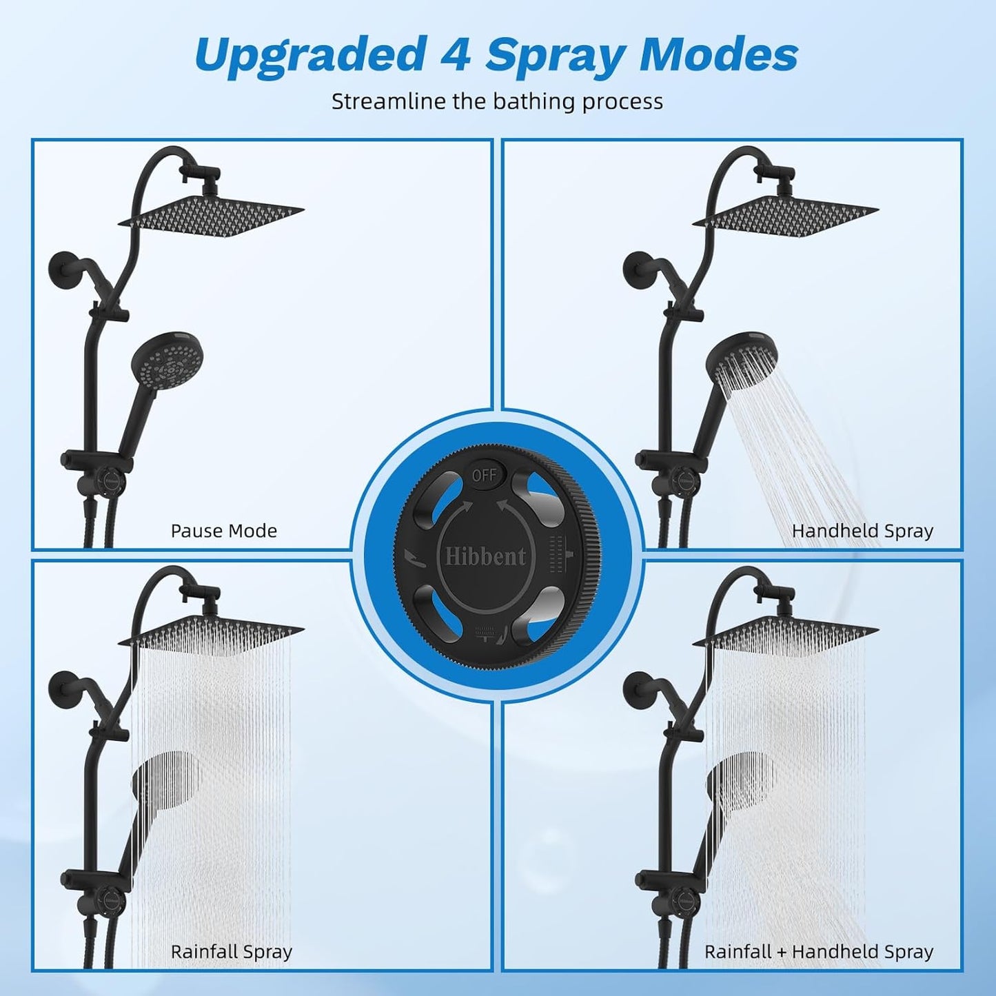 Hibbent Upgraded All Metal 10"Rainfall Showerhead Combo, High Pressure Shower Head with 10-Spray Mode Handheld, Innovative 4-way Diverter with Pause Mode, 71'' Shower Hose and Handheld Holder, Chrome