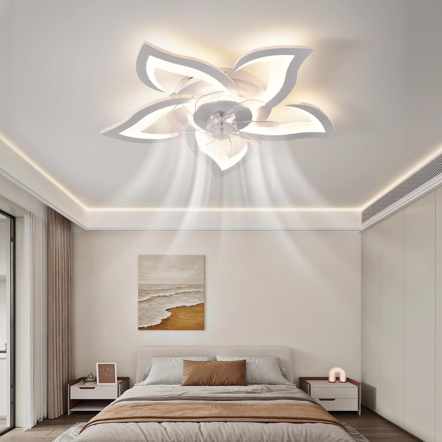26" Geometric Ceiling Fan with Lights, 6 Speeds 3 Colors Ceiling Fan with Light Remote Control, White Low Profile Flush Mount Ceiling Fan for Kitchen Bedroom Living Room