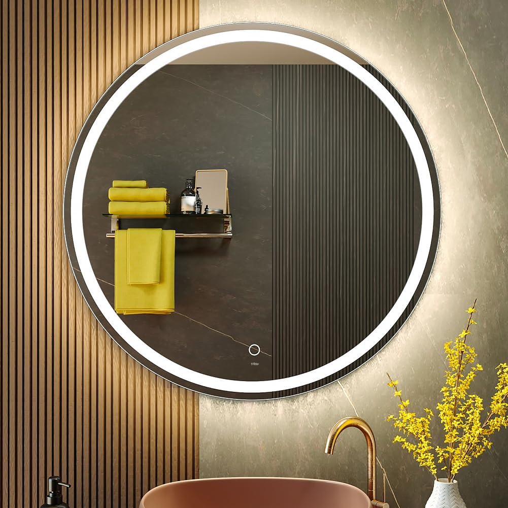 KWW Round Mirror Bathroom LED Lighted Mirror, Illuminated Dimmable Anti-Fog Wall-Mounted Makeup Vanity Mirror with Lights (24L x 24W inches)