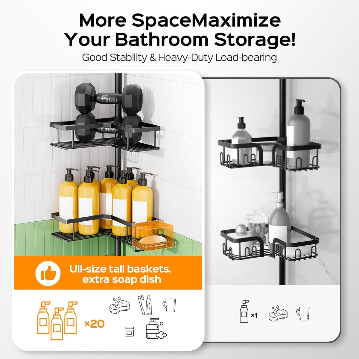 HAMITOR Corner Shower Caddy Tension Pole: 4-Tier Adjustable Organizer