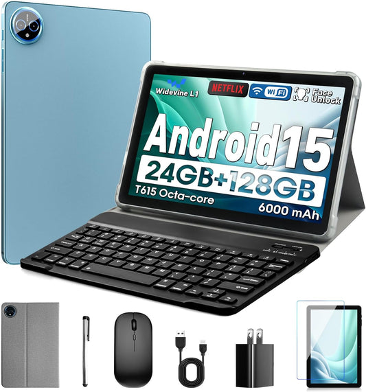 10 Inch Tablet, Android 15 Tablet with 24GB RAM + 128GB ROM (1TB Expandable), Octa-Core, 1280x800 IPS HD Touchscreen, 5MP+8MP Dual Camera, 6000mAh, Tablet with Keyboard, Mouse, Widevine L1(Blue)