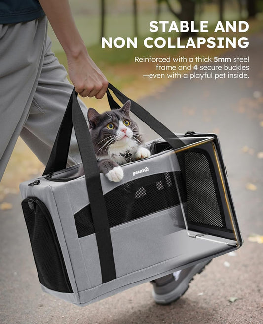 Pecute Cat Carrier Dog Carrier with Stable Structure, Breathable Mesh Fabric Pet Carrier for for Small Cats Dogs Puppies up to 5KG,Soft-Sided Dog Carrier Suitable for Both Long and Short Trips,Gray - PuriLite
