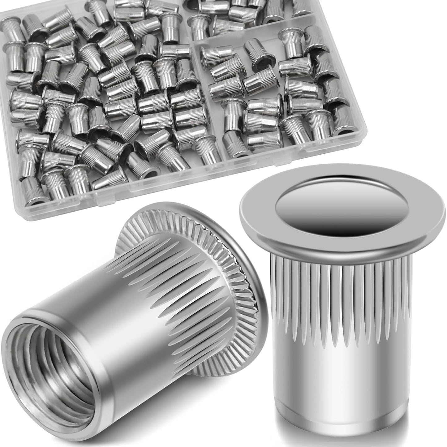 Vifmy Metric & SAE Rivet Nut Assortment Kit(420 Pcs),m3 m4 m5 m6 m8 m10 m12#6-32#8-32#10-24 1/4"-20 5/16"-18 3/8"-16 UNC Flat Head Rivnut Set,Zinc Plated Finish Carbon Steel Nutsert